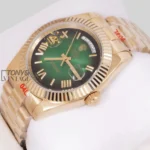 40mm Yellow Gold Watch with Green Dial, Roman Numerals & Fluted Bezel