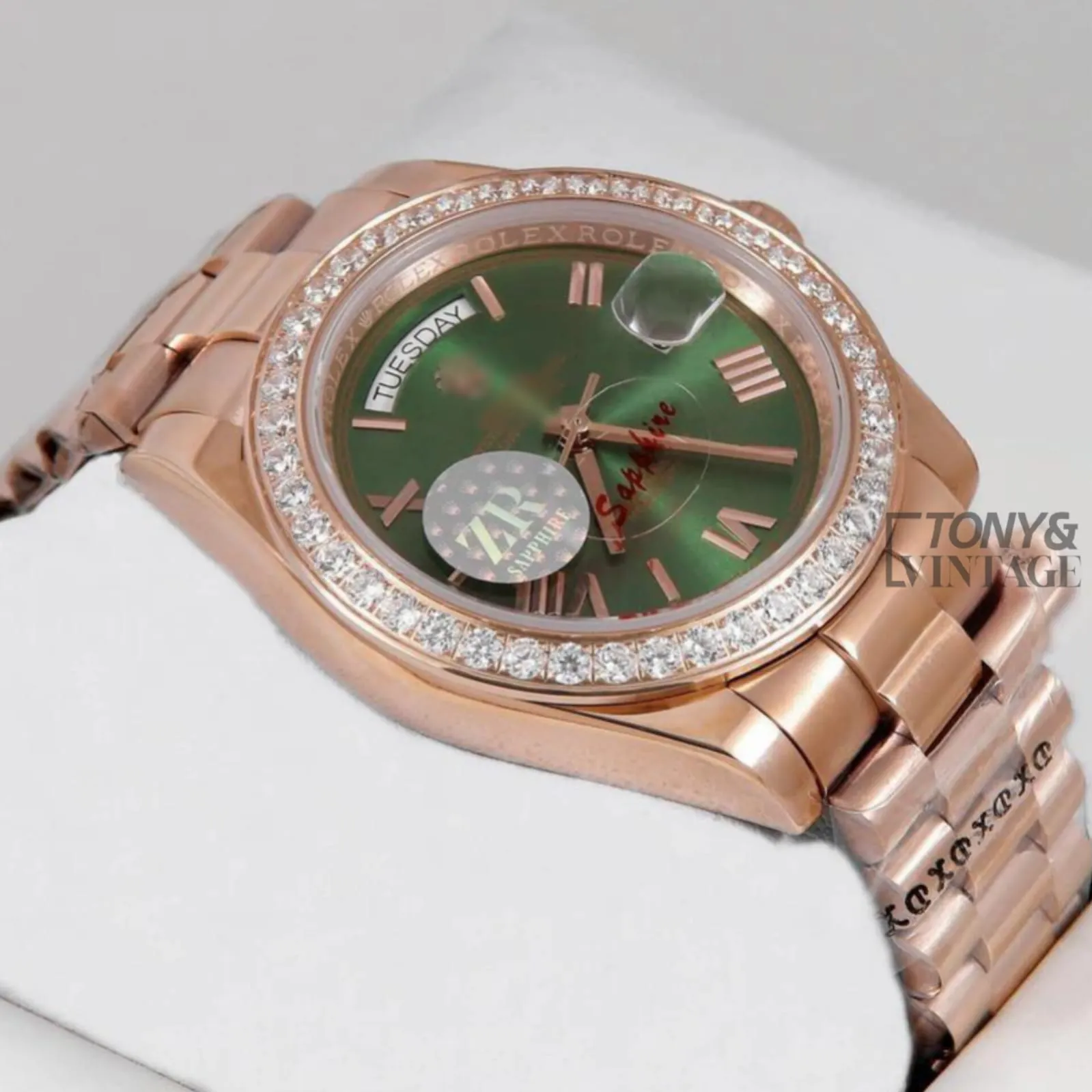 "All Rose Gold Stone Bezel & Deep Green Dial Automatic Watch "