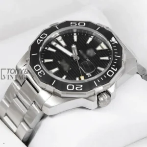 All Silver Automatic Watch with Black Dial and Bezel
