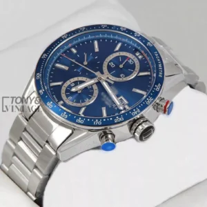 All Silver Chronograph Watch with Blue Dial and Bezel
