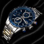All Silver Chronograph Watch with Blue Dial and Bezel