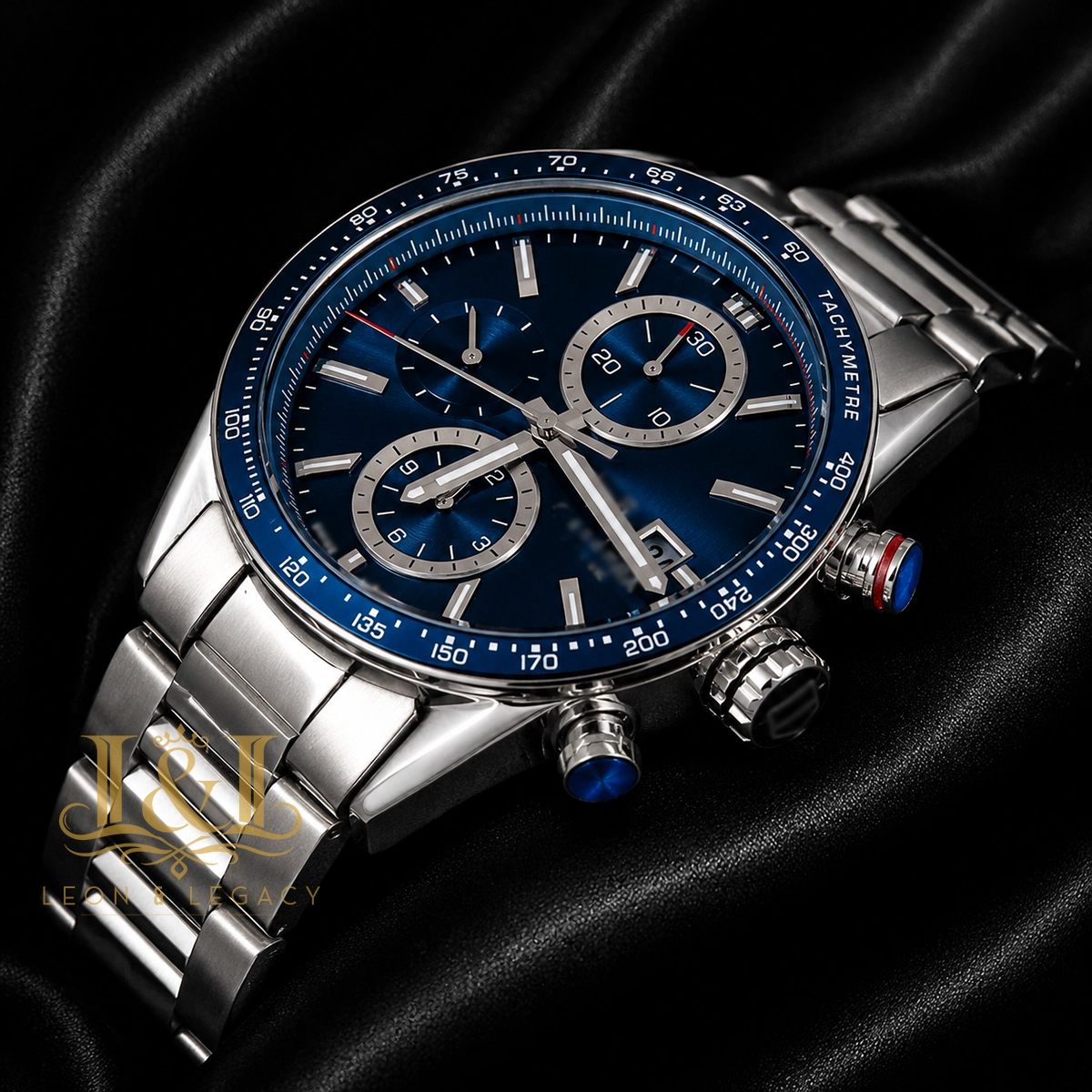 All Silver Chronograph Watch with Blue Dial and Bezel1 copy