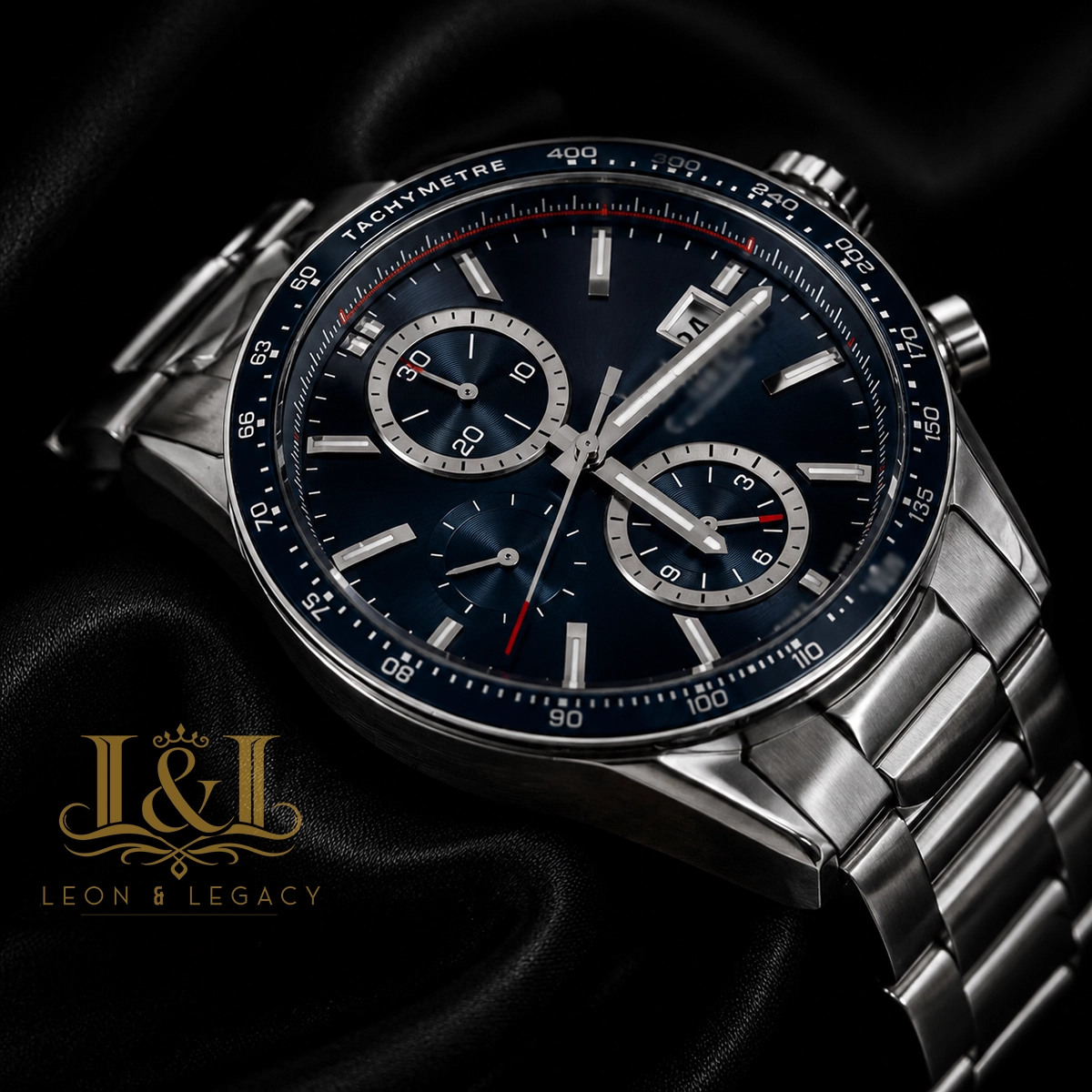 All Silver Chronograph Watch with Blue Dial and Bezel