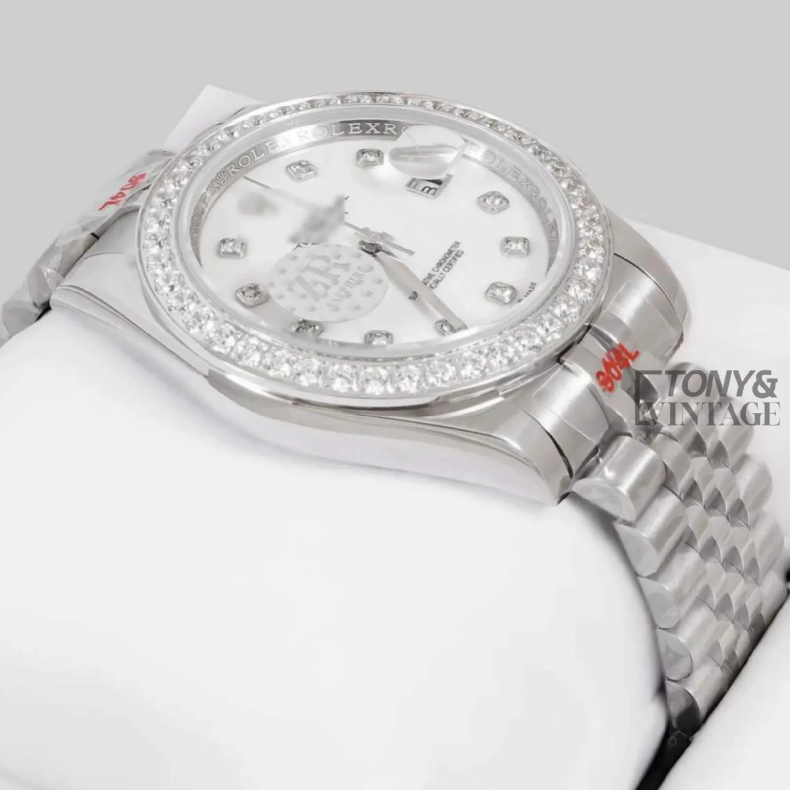 All Silver Watch with Dial and Stone Bezel