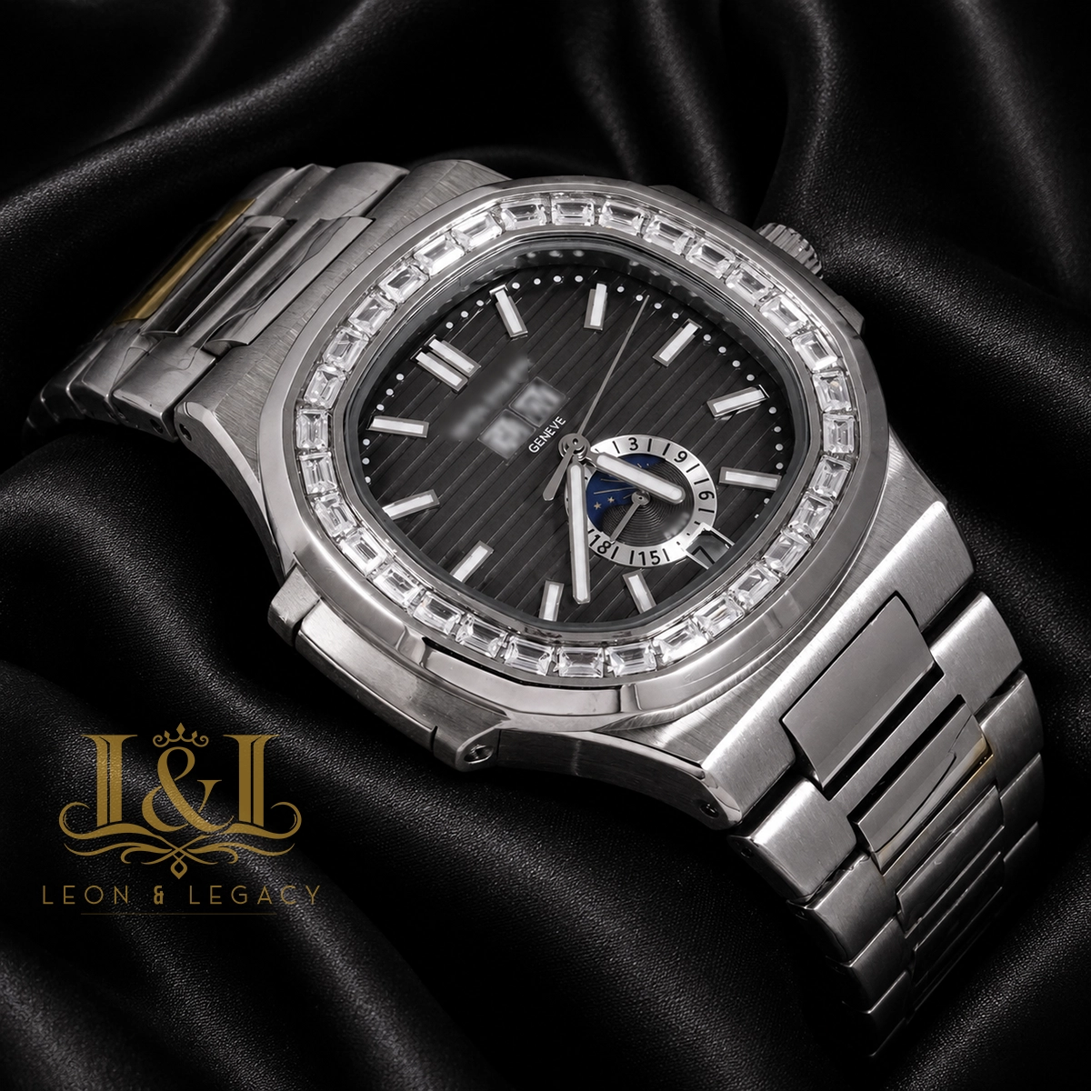 Annual Calendar Moon Phase Silver Automatic Watch with Charcoal Gray Dial