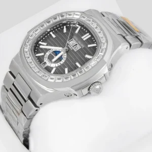 Annual Calendar Moon Phase Silver Automatic Watch with Charcoal Gray Dial