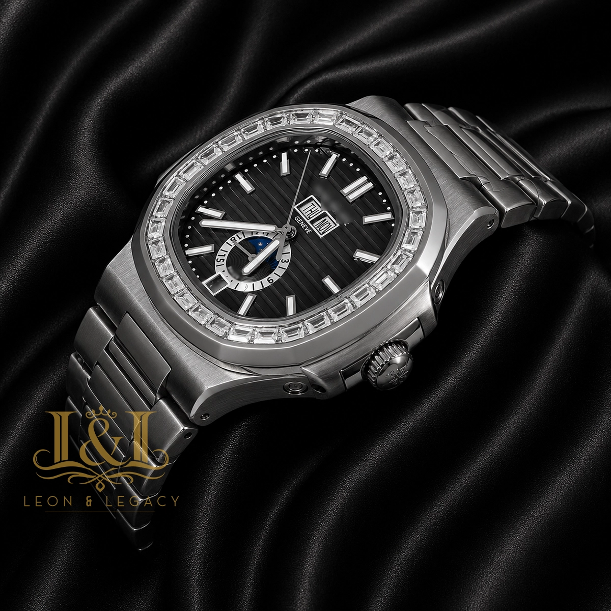 Annual Calendar Moon Phase Silver Automatic Watch with Charcoal Gray Dial 2 copy
