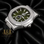 Annual Calendar Moon Phase Silver Case Green Dial Black Leather Strap