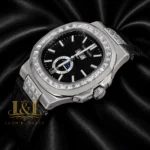 Annual Calendar Moon Phase Silver Watch with Stone Case, Black Dial, and Leather Strap