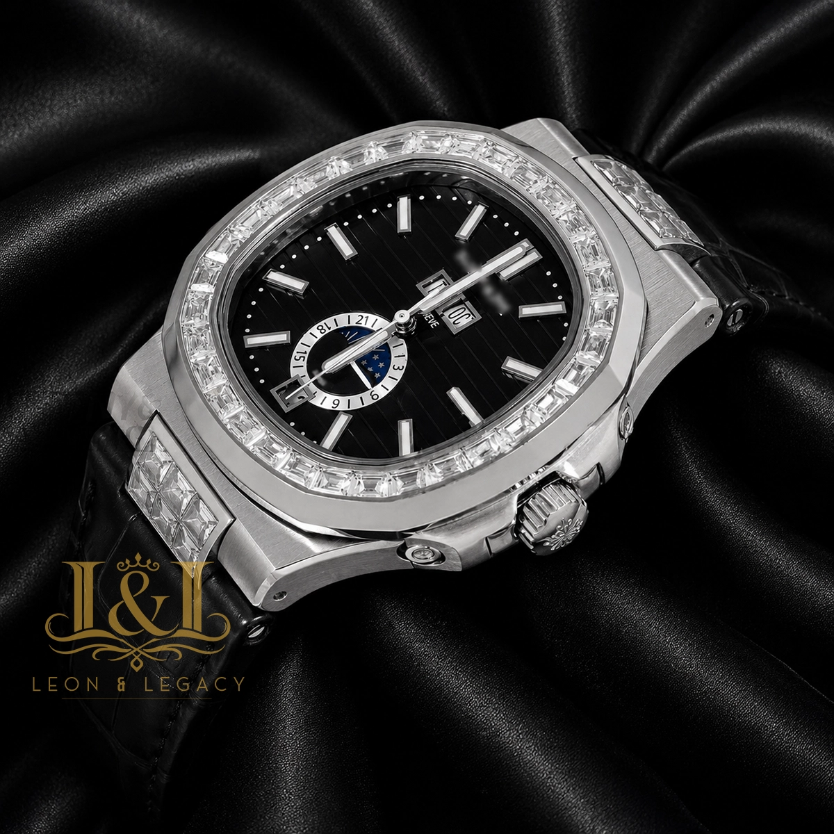 Annual Calendar Moon Phase Silver Watch with Stone Case, Black Dial, and Leather Strap 1 copy