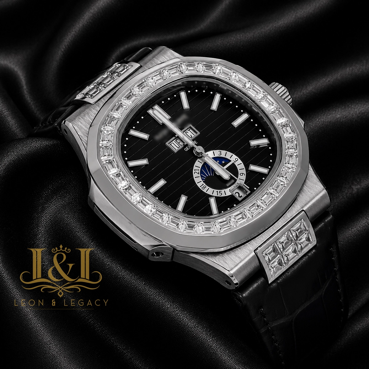 Annual Calendar Moon Phase Silver Watch with Stone Case, Black Dial, and Leather Strap