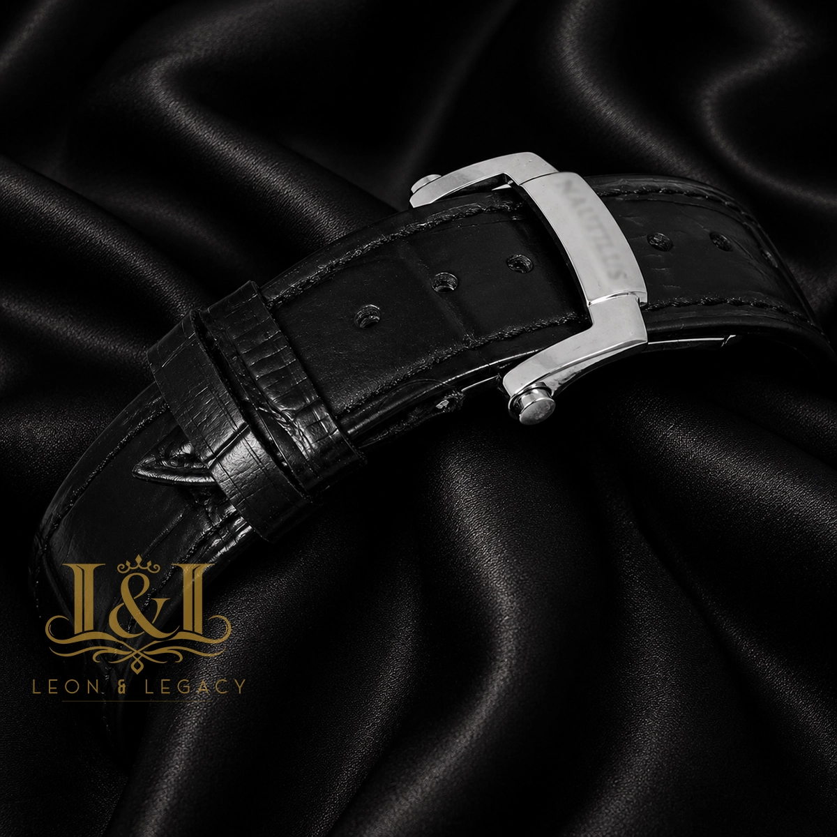Annual Calendar Moon Phase Silver Watch with Stone Case, Black Dial, and Leather Strap