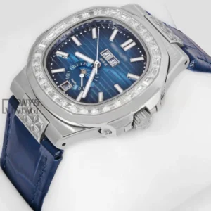 Annual Calendar Moon Phase Silver Watch with Stone Case, Blue Dial, and Leather Strap