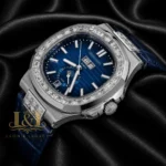 Annual Calendar Moon Phase Silver Watch with Stone Case, Blue Dial, and Leather Strap