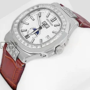 Annual Calendar Moon Phase Silver Watch with Stone Case, White Dial, and Brown Leather Strap