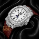 Annual Calendar Moon Phase Silver Watch with Stone Case, White Dial, and Brown Leather Strap