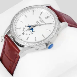 Annual Calendar Moon Phase Silver Watch with White Dial, Stone Bezel, and Leather Strap