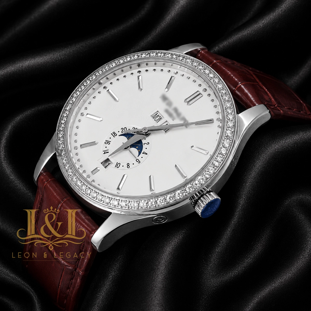 Annual Calendar Moon Phase Silver Watch with White Dial, Stone Bezel, and Leather Strap 1 copy
