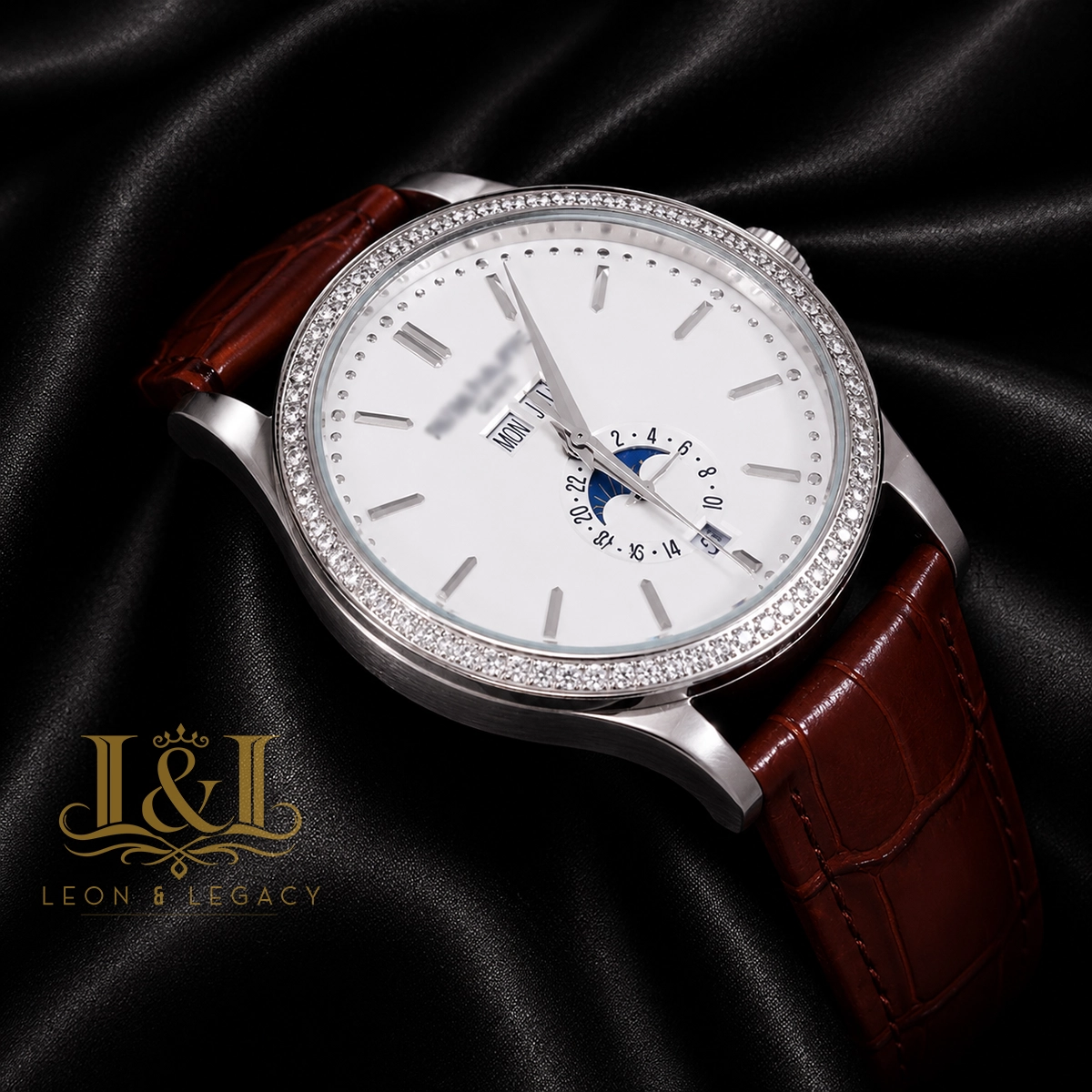 Annual Calendar Moon Phase Silver Watch with White Dial, Stone Bezel, and Leather Strap