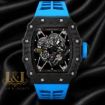 Automatic Black Watch With Skeleton Dial and Blue Rubber Strap