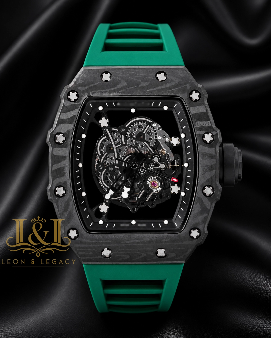 Automatic Black Watch With Skeleton Dial and Green Rubber Strap 1 copy