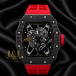 Automatic Black Watch With Skeleton Dial and Red Rubber Strap