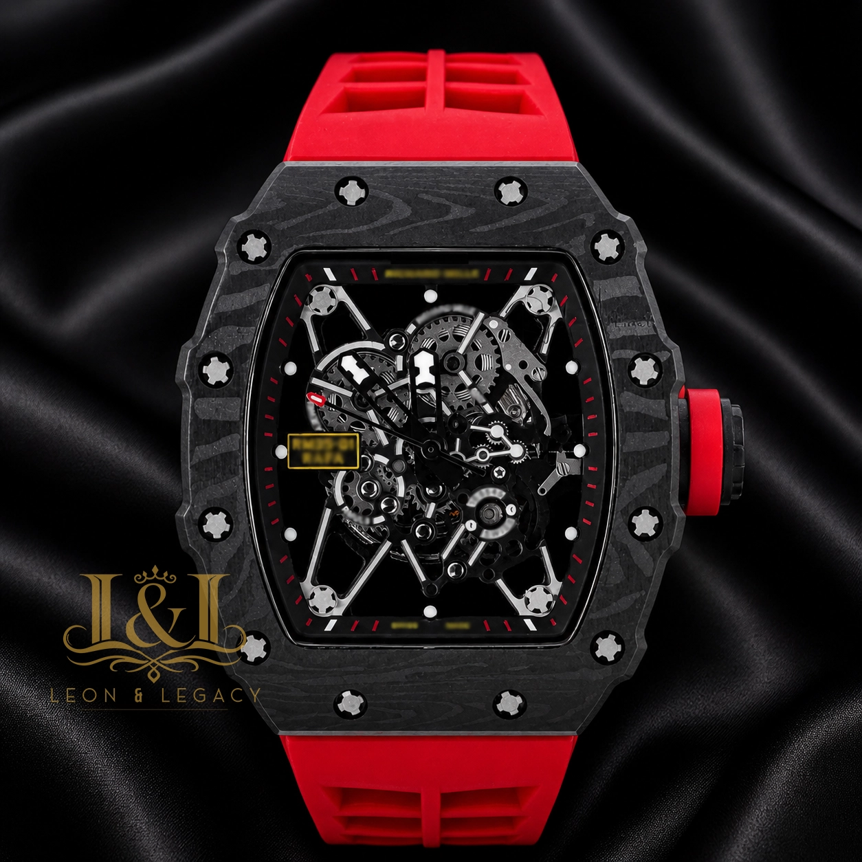 Automatic Black Watch With Skeleton Dial and Red Rubber Strap 1 copy