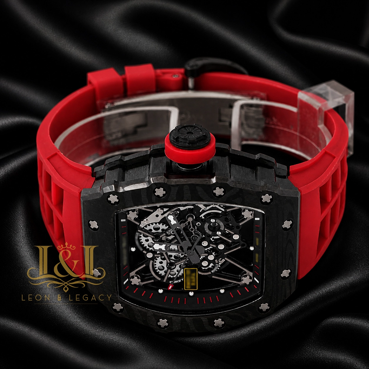 Automatic Black Watch With Skeleton Dial and Red Rubber Strap