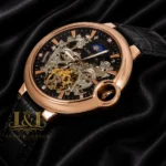 Ballon Bleu Moon Phase Rose Gold Watch With Skeleton Dial and Leather Strap