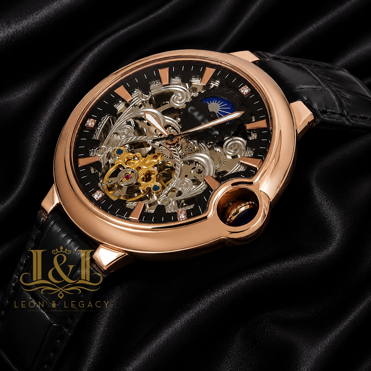 Ballon Bleu Moon Phase Rose Gold Watch With Skeleton Dial and Leather Strap 1 copy
