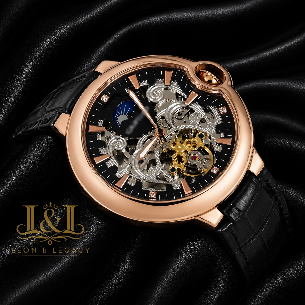Ballon Bleu Moon Phase Rose Gold Watch With Skeleton Dial and Leather Strap