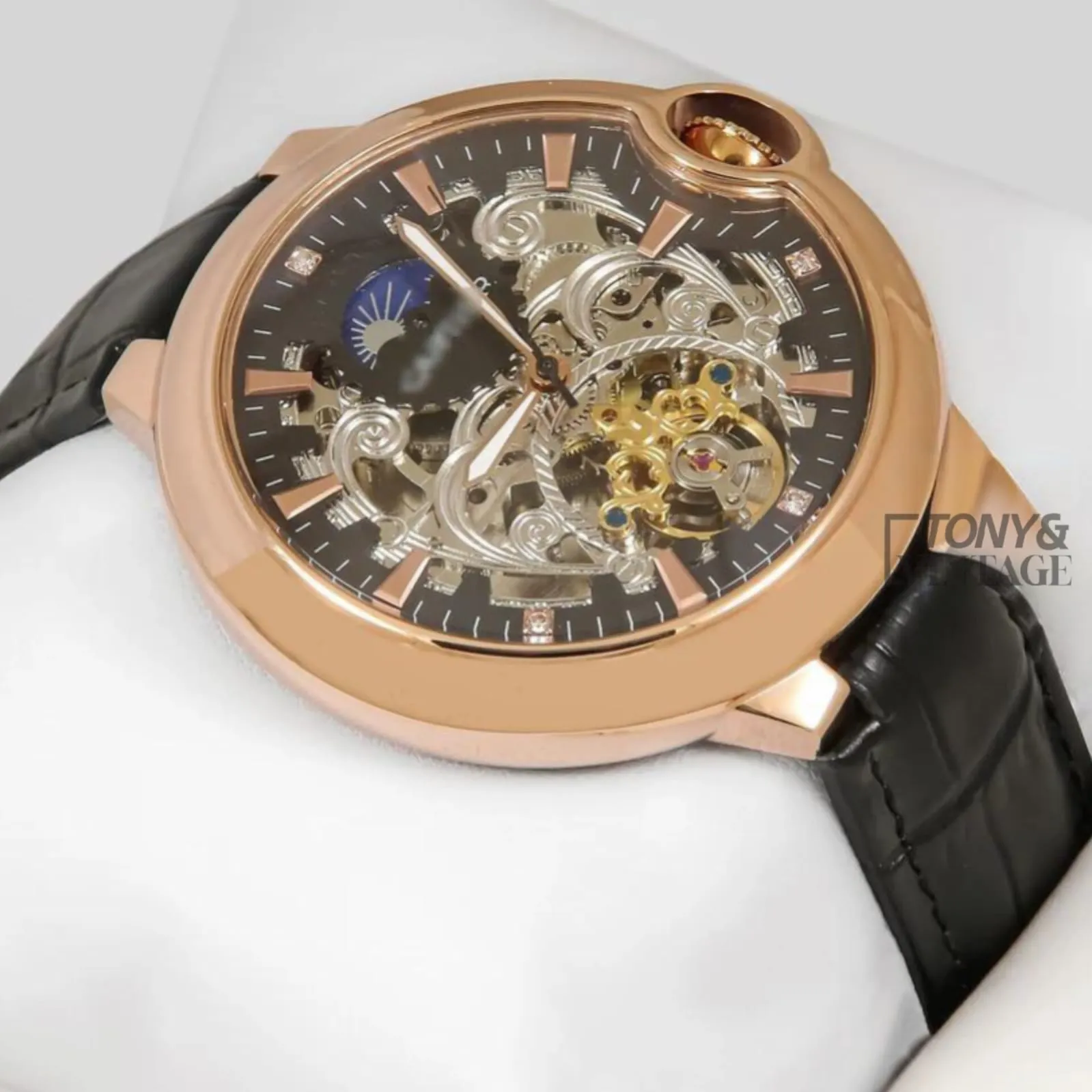 Ballon Bleu Moon Phase Rose Gold Watch With Skeleton Dial and Leather Strap