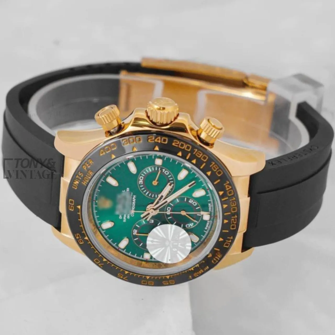 Chronograph 40mm Rose Gold Case Green Dial & Black Rubber Strap