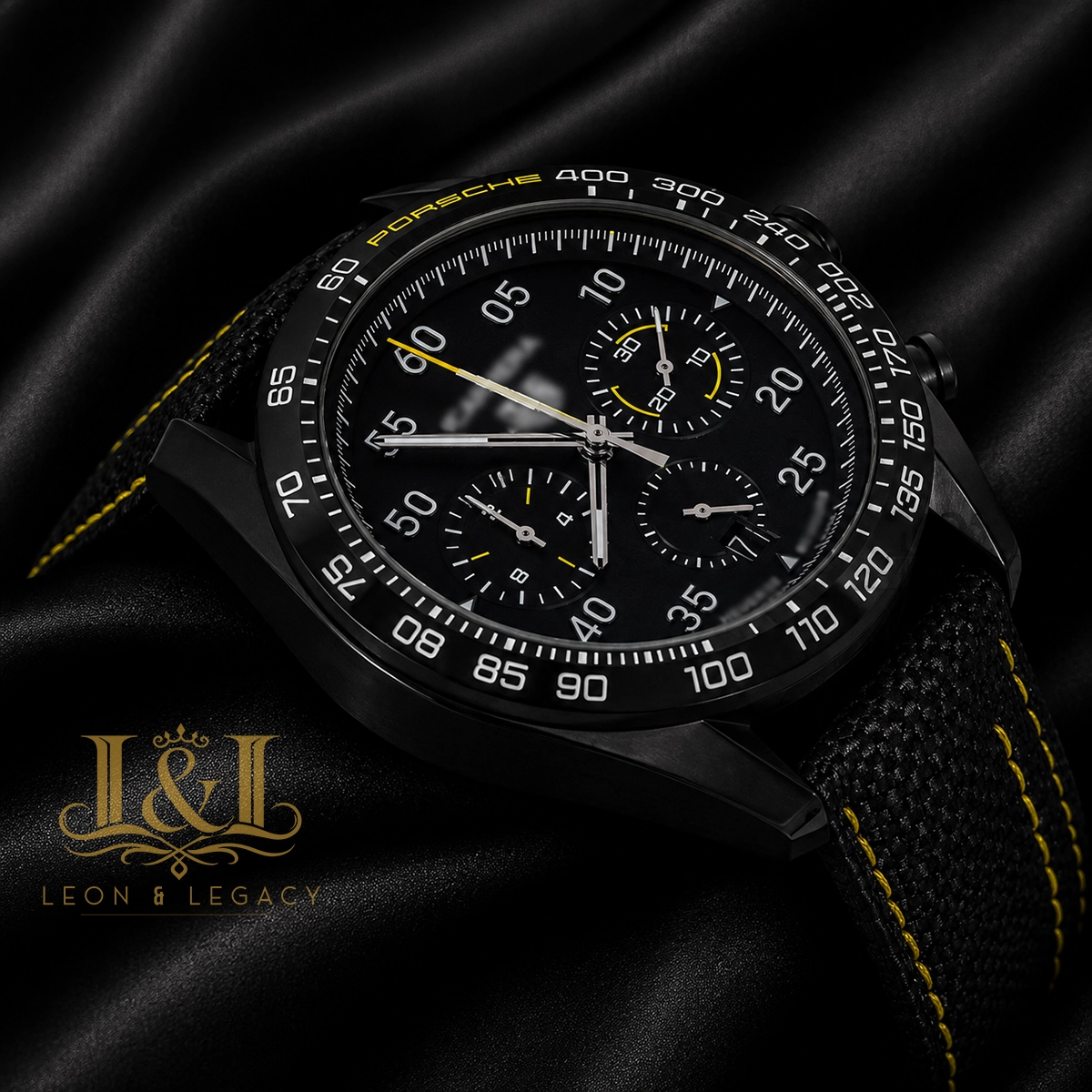 Chronograph All Black Case Watch with Dial and Black Leather Strap