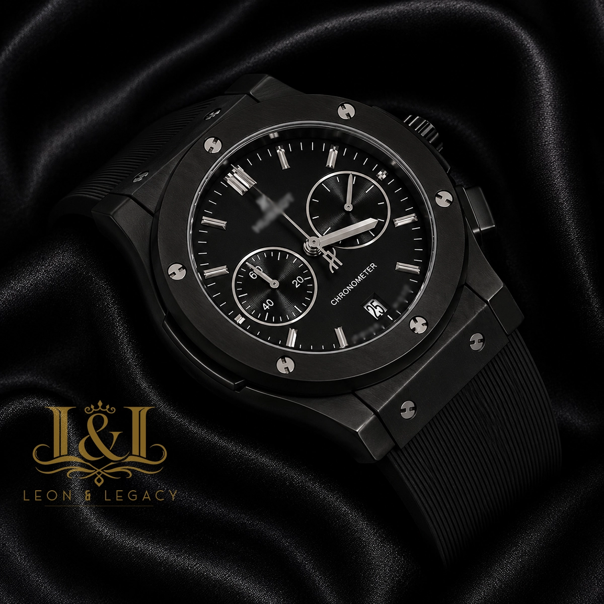 Chronograph Black Case With Black Dial & Black Rubber Strap