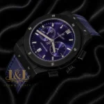 Chronograph Black Watch With Blue Dial and Blue Leather Strap