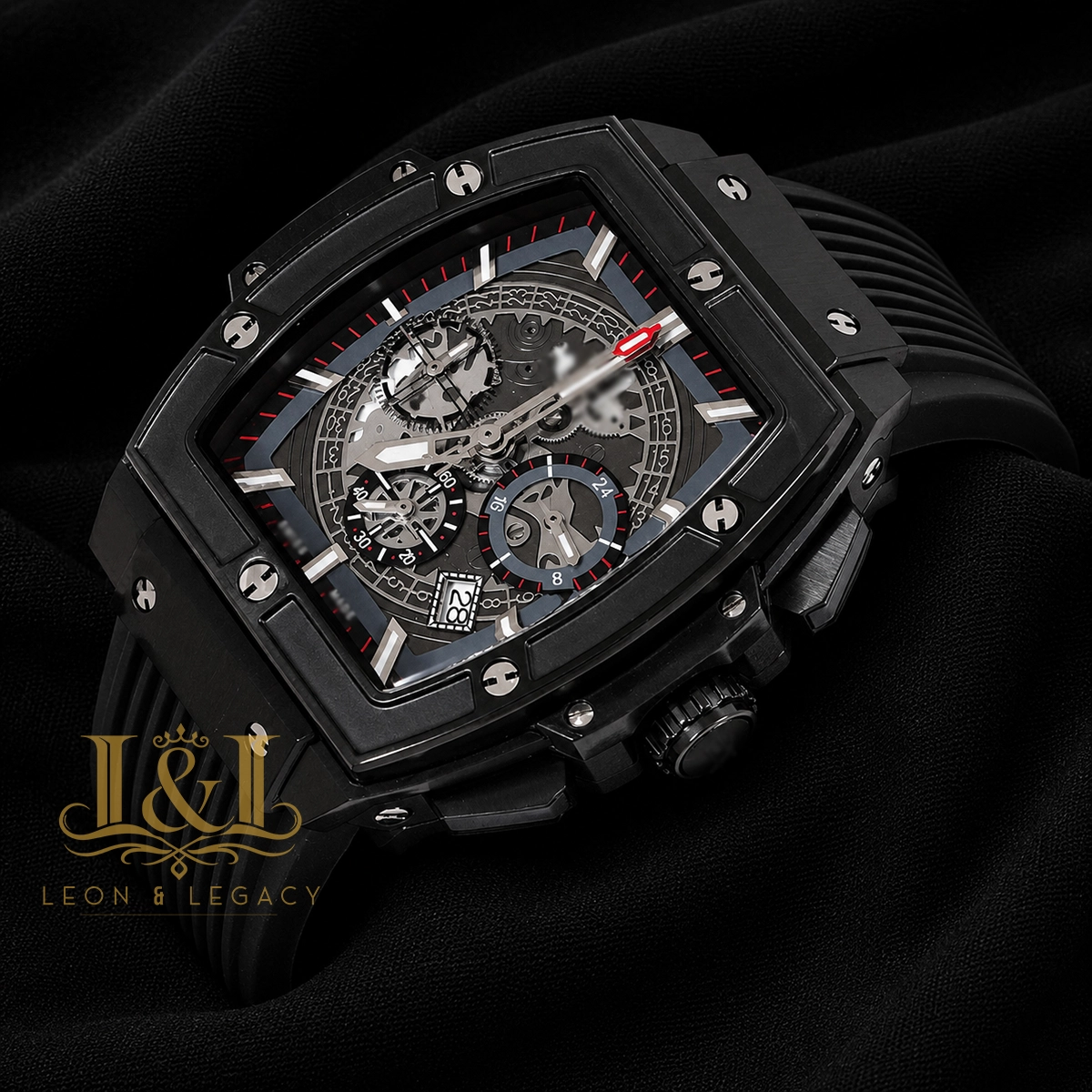 Chronograph Black Watch With Skeleton Dial and PVC Strap 1 copy