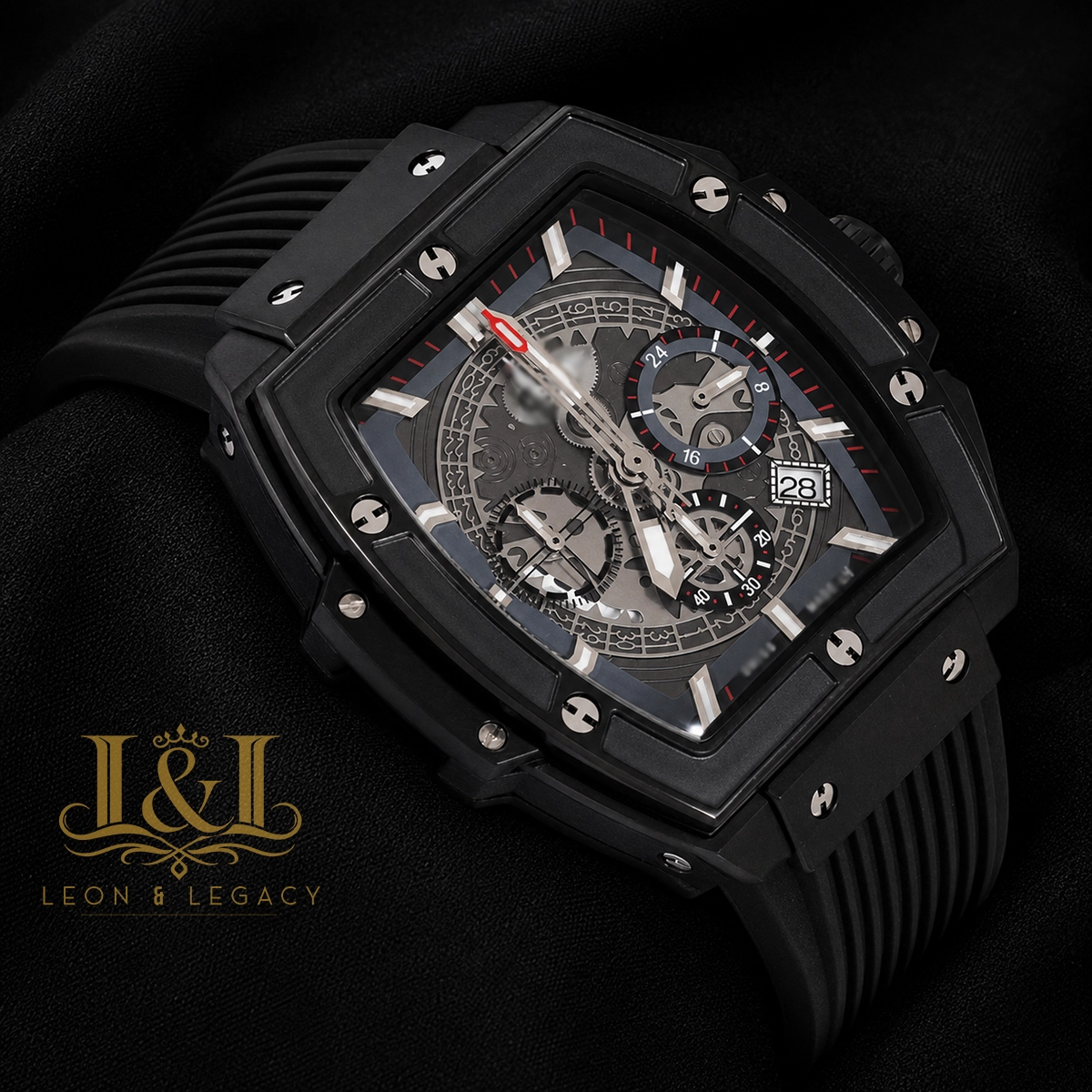 Chronograph Black Watch With Skeleton Dial and PVC Strap