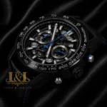 Chronograph Black Watch with Skeleton Dial and Leather Strap