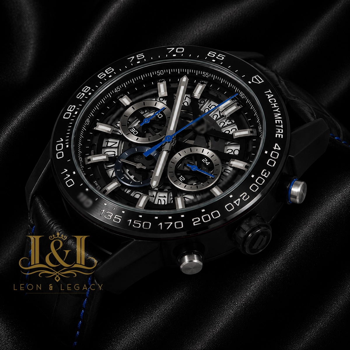 Chronograph Black Watch with Skeleton Dial and Leather Strap1 copy