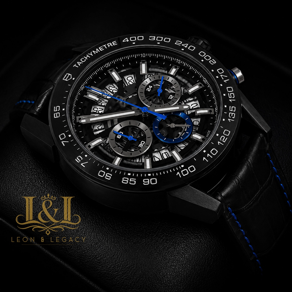 Chronograph Black Watch with Skeleton Dial and Leather Strap