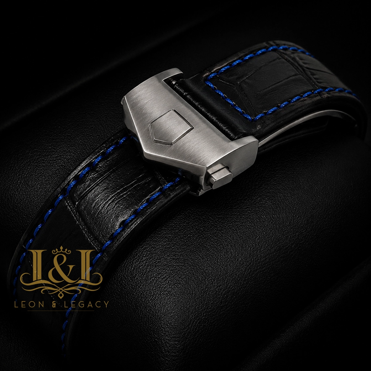 Chronograph Black Watch with Skeleton Dial and Leather Strap