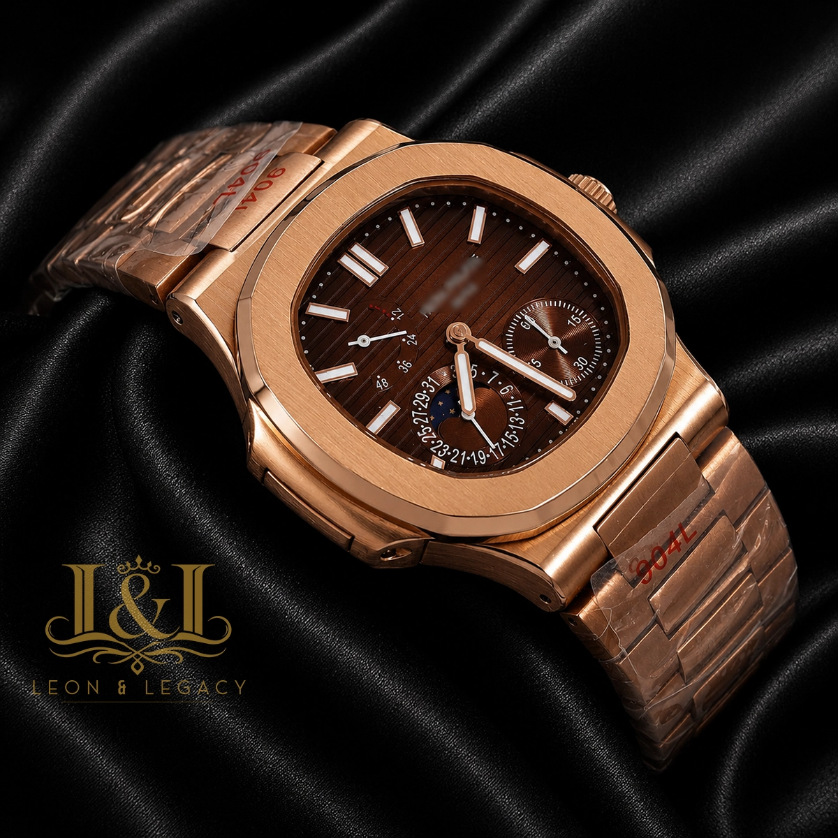 Chronograph Moon Phase Rose Gold Automatic Watch with Brown Dial