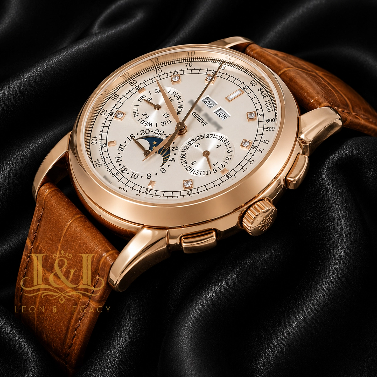 Chronograph Rose Gold Case Silver Dial Brown Leather Strap 1 copy