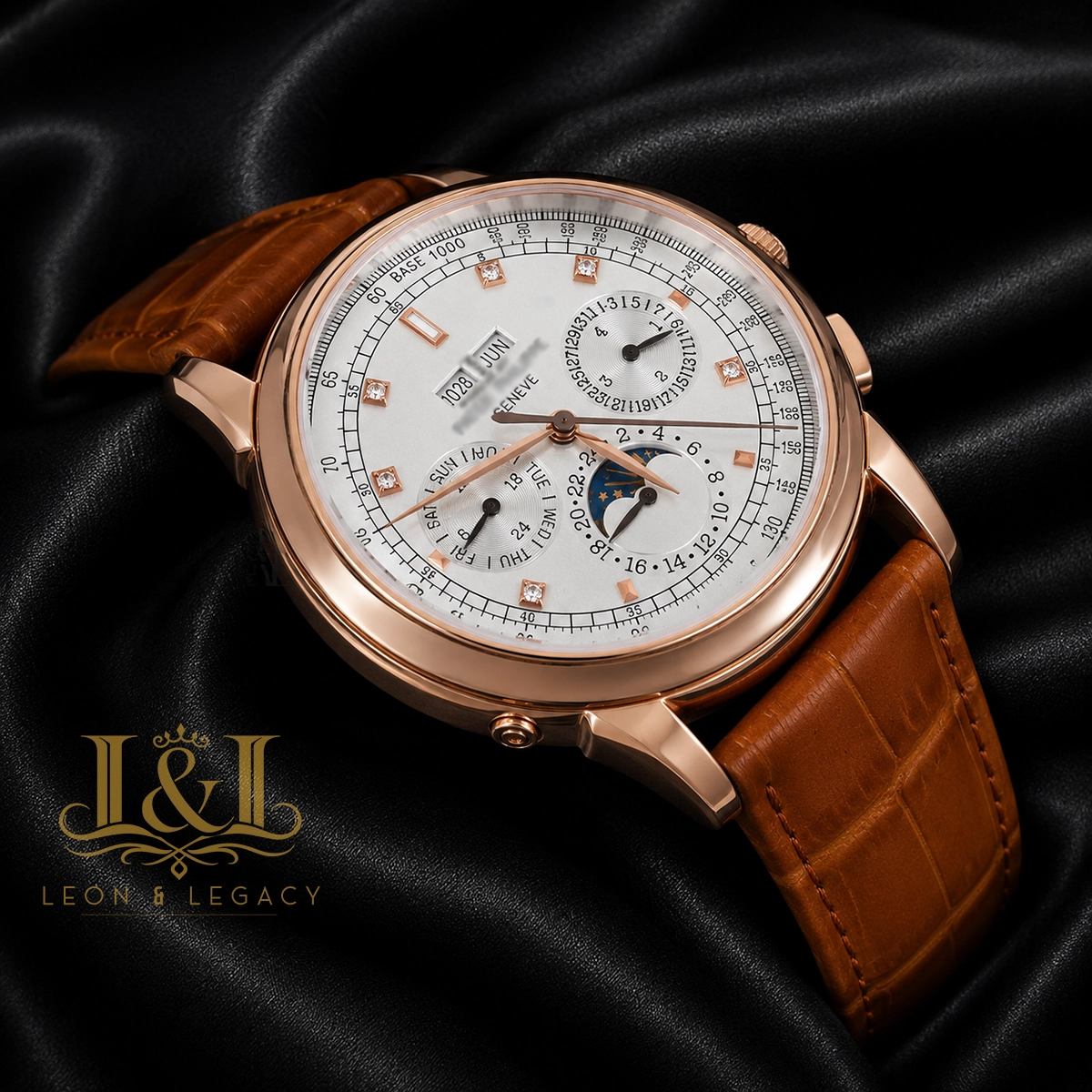 Chronograph Rose Gold Case Silver Dial Brown Leather Strap