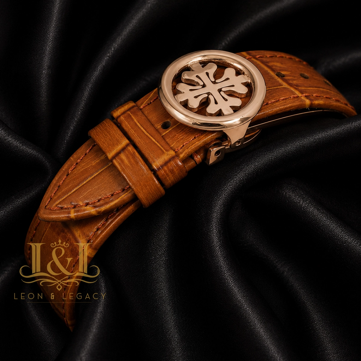 Chronograph Rose Gold Case Silver Dial Brown Leather Strap