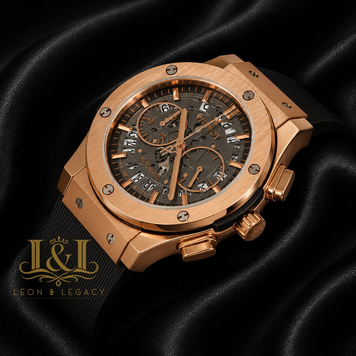 Chronograph Rose Gold Case With Brown Skeleton Dial & Black Rubber Strap 1 copy