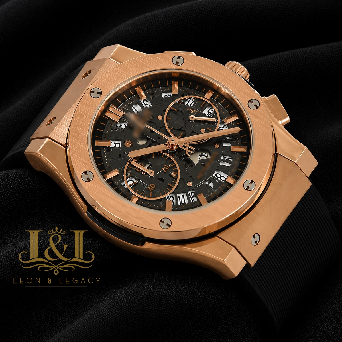 Chronograph Rose Gold Case With Brown Skeleton Dial & Black Rubber Strap
