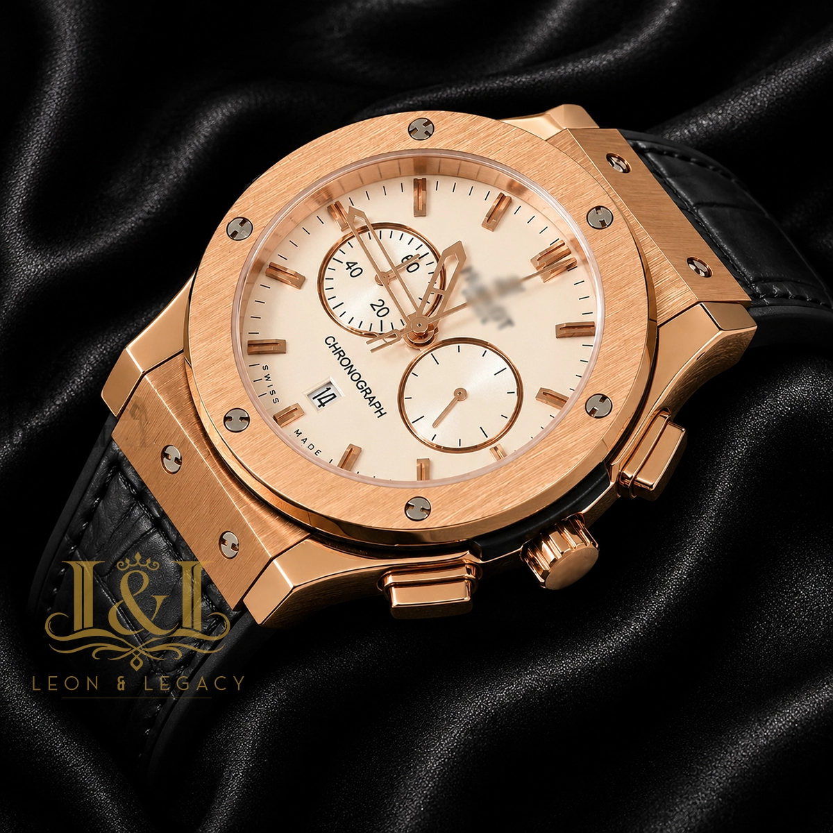 Chronograph Rose Gold Case With White Dial & Black Leather Strap 1 copy