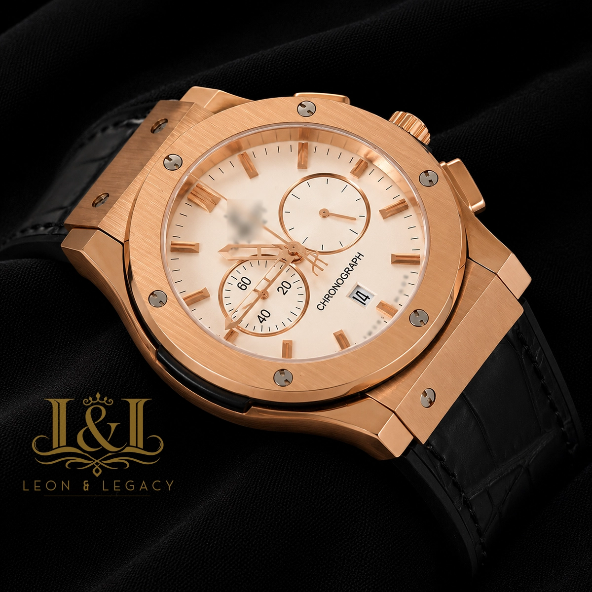 Chronograph Rose Gold Case With White Dial & Black Leather Strap